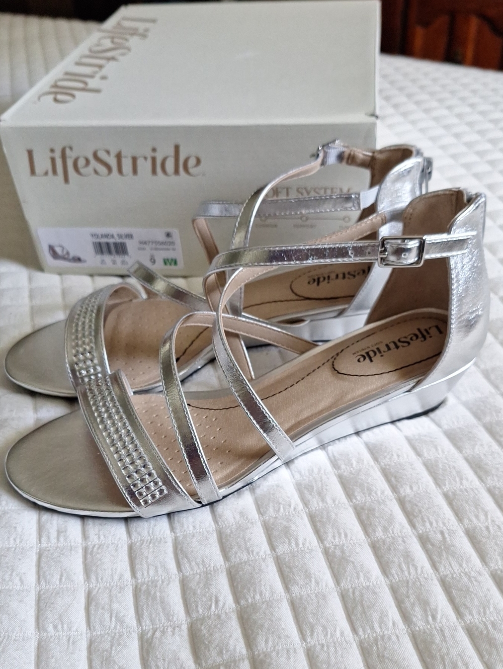 Life Stride Yolanda Silver Metallic Strappy Sandals with Low Wedge